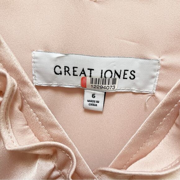 GREAT JONES Ruffle Hourglass Dress Pink Satin Pleated Midi V-Neck Size 6 - Picture 8 of 9